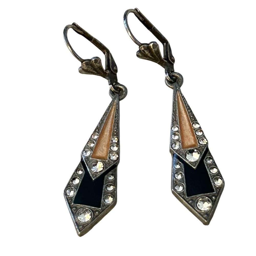 Vintage Art Deco Black Onyx Marcasite Rhinestone Drop Pierce Earrings